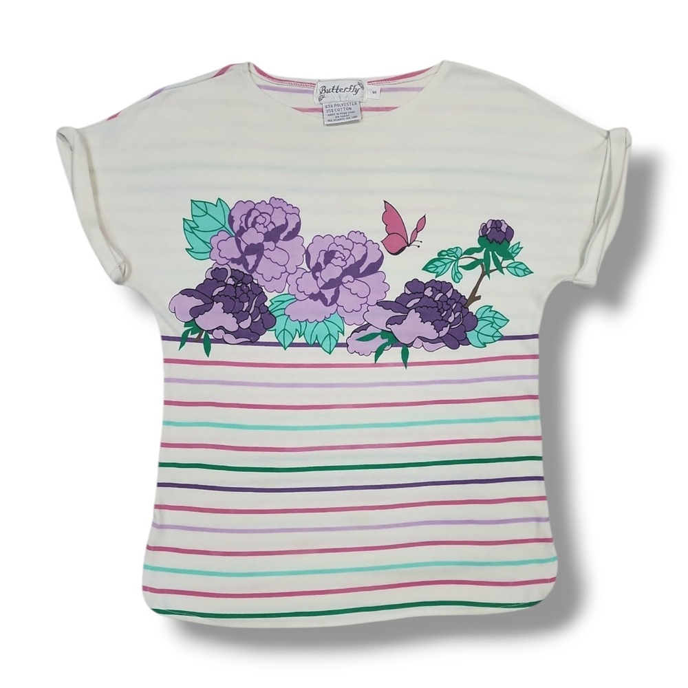 Vintage Butterfly White With Strips & Floral  Short Sleeve T Shirt Women's Small